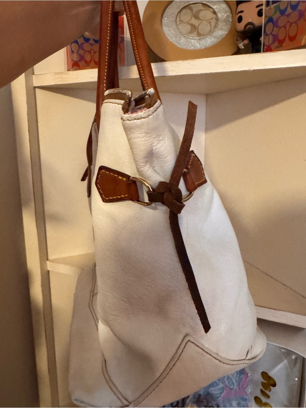 Dooney & Bourke White Leather Tote with Brown Trim and Handles - Picture 6 of 16